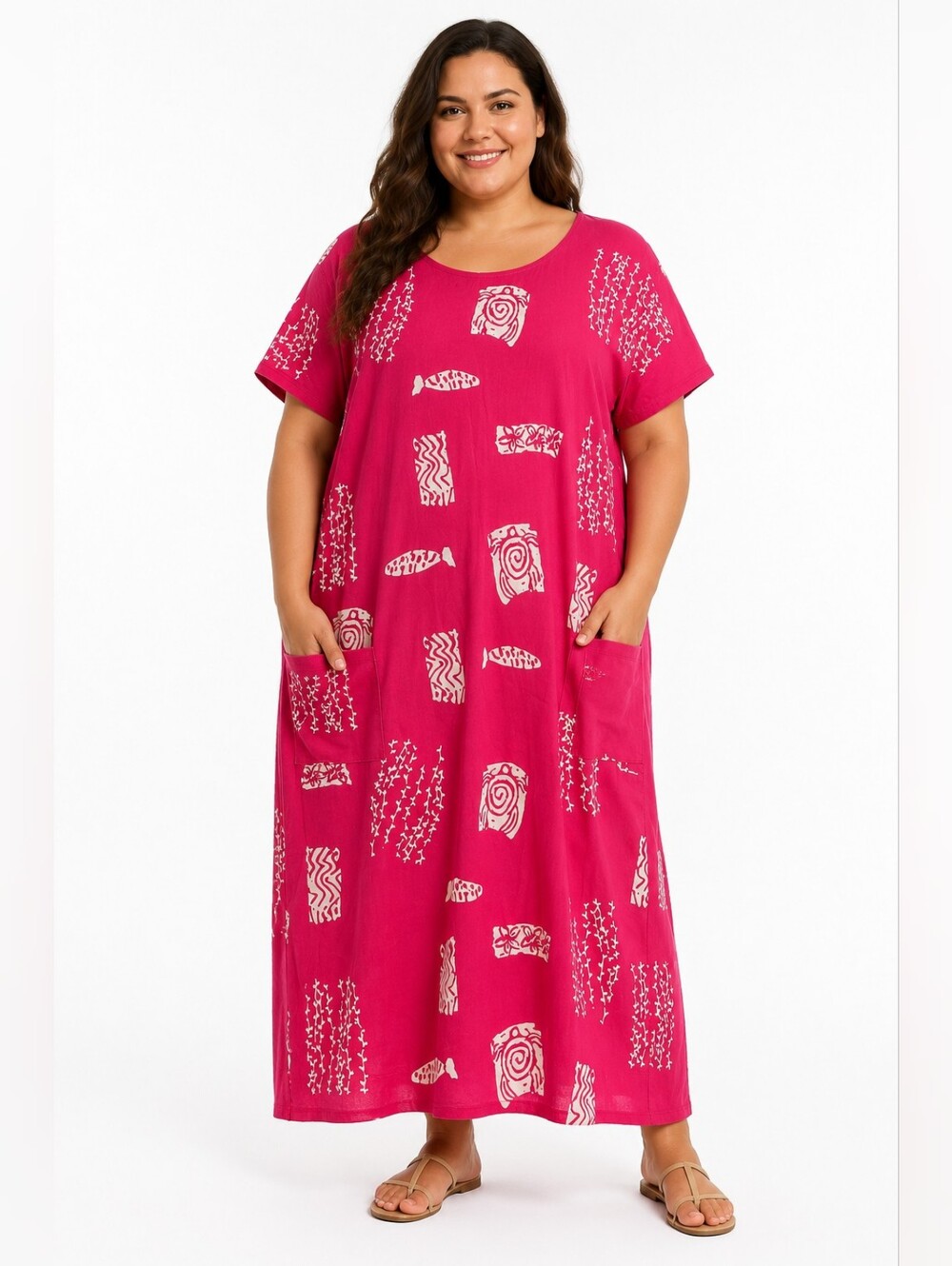 NWT I.G. Sport Fuchsia Beach Style Printed Short Sleeve Maxi Dress Sz 2x